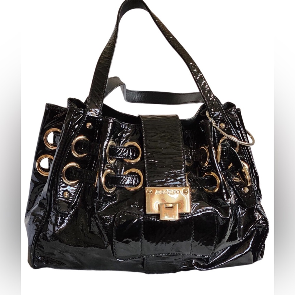 Jimmy Choo Black Crinkled Patent Leather Riki Tote - Excellent Condition